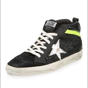golden goose black and neon green mid stars